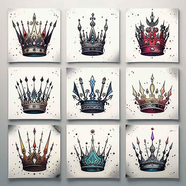 Colored minimalist crown tattoo design featuring nine small crowns in black outlines with vibrant color fills; a project concept, not a cover-up.