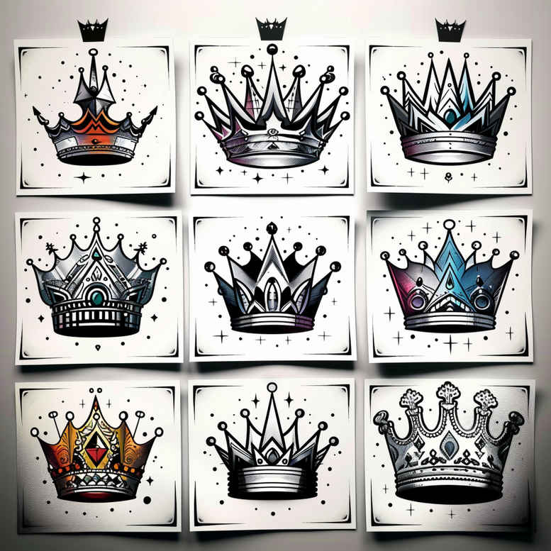 Nine minimalist crown tattoo designs in black and grey line work, arranged in a grid; project idea for crown tattoos, monochrome ink.
