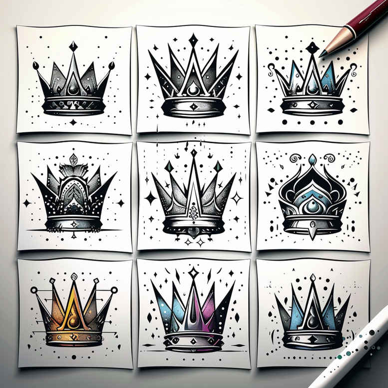 Nine minimalist crown tattoos in black and grey with subtle shading on white cards; color accents appear in some crowns, and this is a project/idea.
