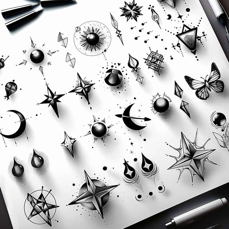 Black and grey minimalist linework tattoo design concept with star, moon, crescent, triangle and dot symbols in a sketchbook; this is a project/idea.