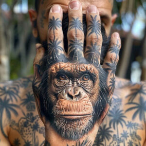monkey-with-eyes-tattoo-neotraditional-vivid-gradients-for-back-shoulder – tattoo design ideas free ai generated – Gallery: monkeys-inkby-ai