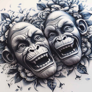 monkey-with-feathers-tattoo-surrealism-esoteric-symbolism-for-knee – tattoo design ideas free ai generated – Gallery: monkeys-inkby-ai