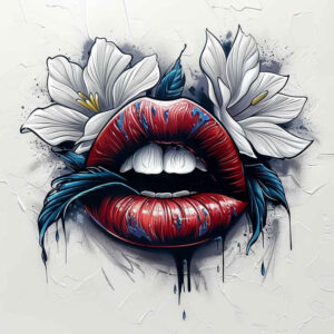 glossy-lips-tattoo – tattoo design ideas free ai generated – neotraditional-crisp-lines – for-chest – Gallery: mouths-lips-inkby-ai