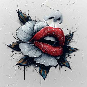glossy-lips-tattoo – tattoo design ideas free ai generated – neotraditional-textured-shading – for-full-back – Gallery: mouths-lips-inkby-ai