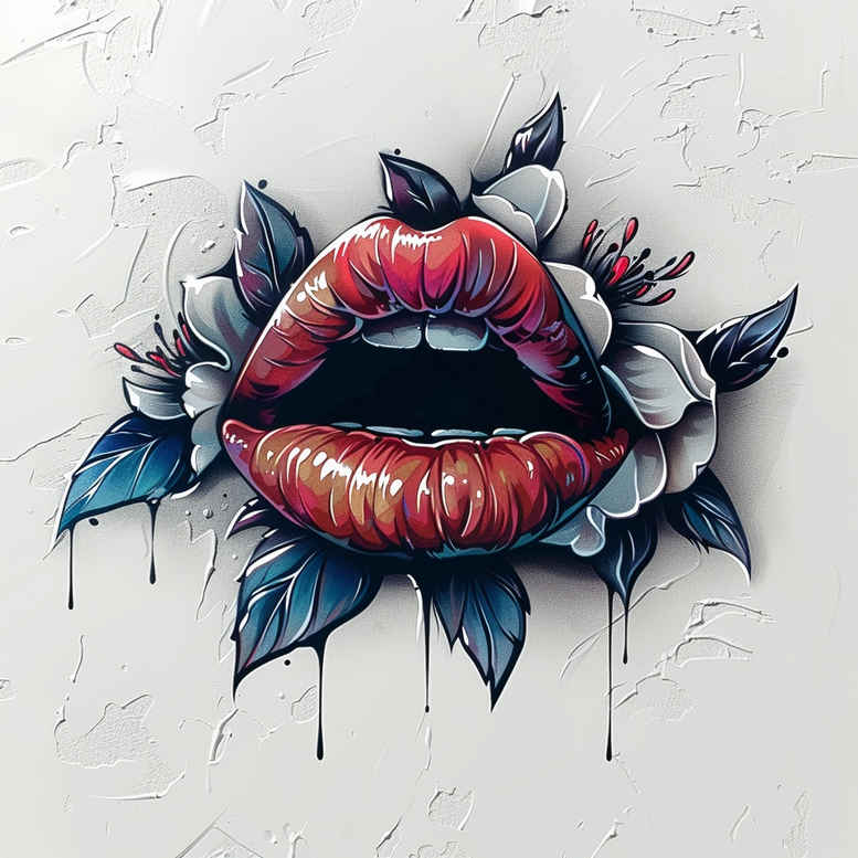 lips-natural-tattoo – tattoo design ideas free ai generated – neotraditional-dynamic-linework – for-sternum – Gallery: mouths-lips-inkby-ai