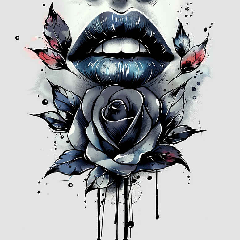 lips-with-floral-tattoo – tattoo design ideas free ai generated – realism-depth-of-field – for-spine – Gallery: mouths-lips-inkby-ai