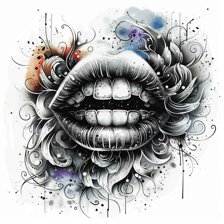 masculine-lips-tattoo – tattoo design ideas free ai generated – neotraditional-color-blending – for-thigh – Gallery: mouths-lips-inkby-ai