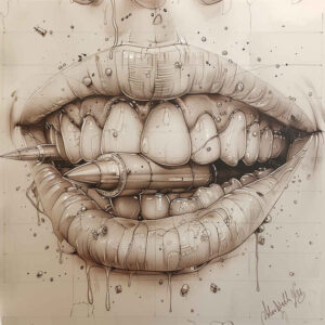 mouths-lips tattoo design ideas fine line Surrealism visual paradox for upper thigh