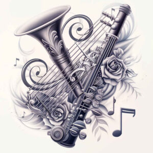 acoustic-music – tattoo design ideas free ai generated – tiny-detail – for-lower-chest – Gallery: music-inkby-ai