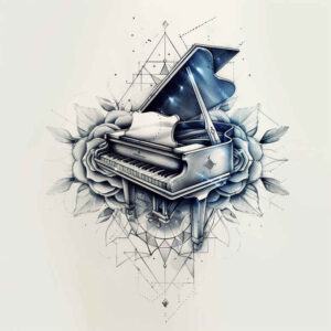 music tattoo design ideas Surrealism distorted reality outline only for outer arm