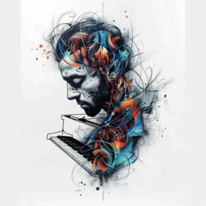 music tattoo design ideas Surrealism juxtaposition quiet for lower thigh