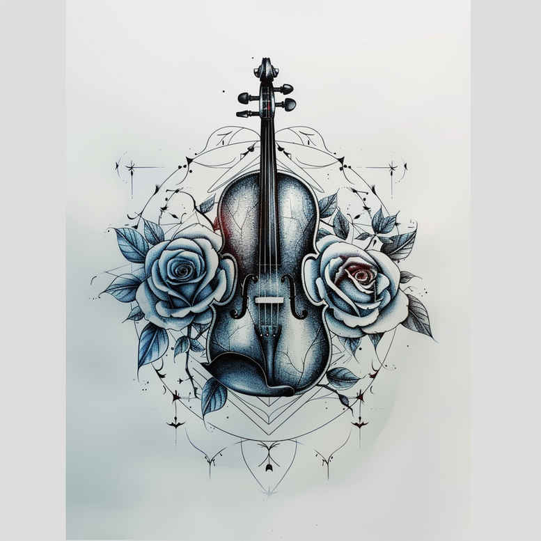 music tattoo design ideas Surrealism fluid forms refined ink for lower thigh