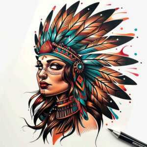 native-american-women tattoo design ideas vector-style traditional hairstyle for triceps