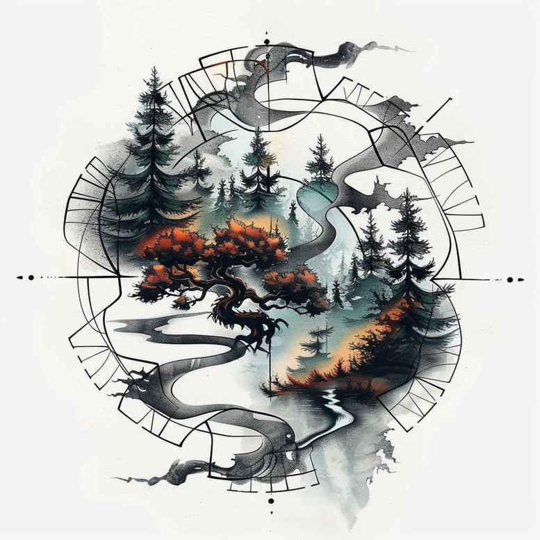 geometric-leaves – tattoo design ideas free ai generated – ornate-circle – for-spine – Gallery: nature-and-geometry-inkby-ai