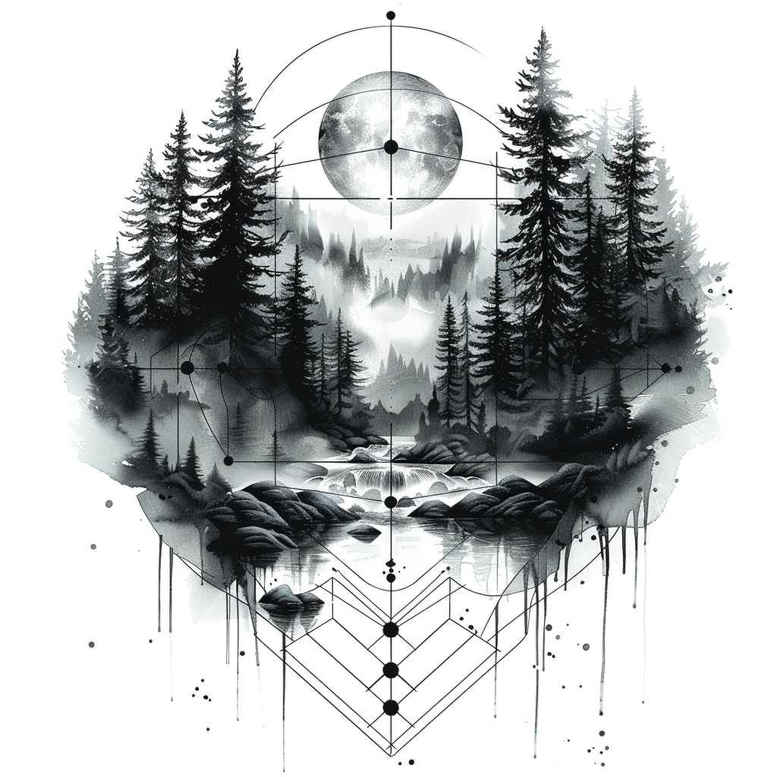 geometric-symmetry – tattoo design ideas free ai generated – delicate-outline – for-shin – Gallery: nature-and-geometry-inkby-ai