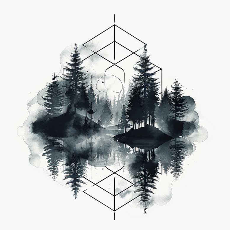 leaves-and-angles – tattoo design ideas free ai generated – subtle-fill – for-lower-thigh – Gallery: nature-and-geometry-inkby-ai