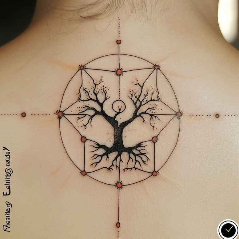 nature-and-geometry tattoo design ideas decorative elements connected dots for lower thigh