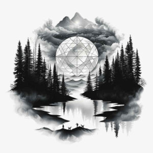 nature-and-geometry tattoo design ideas Realism reflective light cursive banner courage and power
