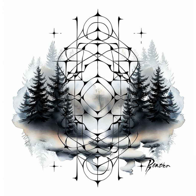 nature-and-geometry tattoo design ideas Surrealism translucent layers cursive banner symbolising courage