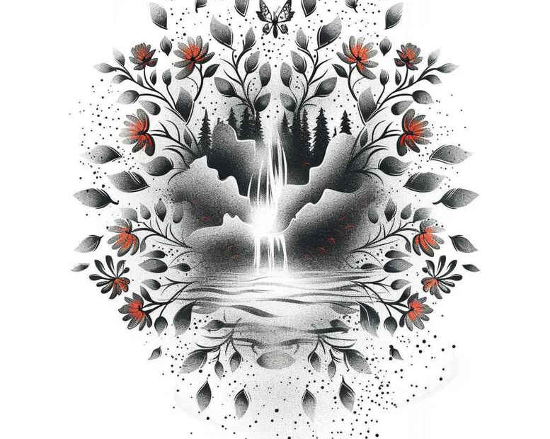 Dark black and grey tattoo design concept featuring a central tree, surrounded by orange flowers and leaves with a subtle waterfall motif; a cover-up ready project.