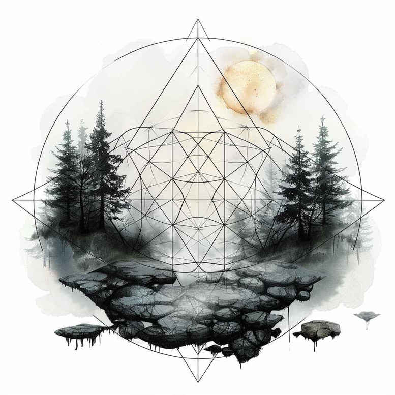 nature-and-geometry tattoo design ideas Surrealism metaphysical dot grid for back of neck