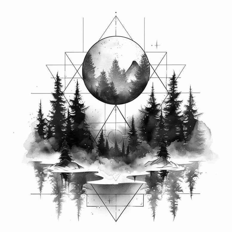 nature-and-geometry tattoo design ideas Surrealism shimmering forms dot shading for abdomen
