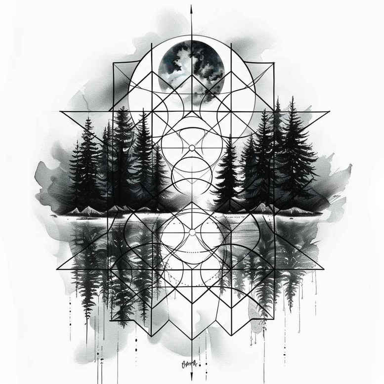 nature-and-geometry tattoo design ideas Surrealism ghostly shapes geometric mosaic for toe