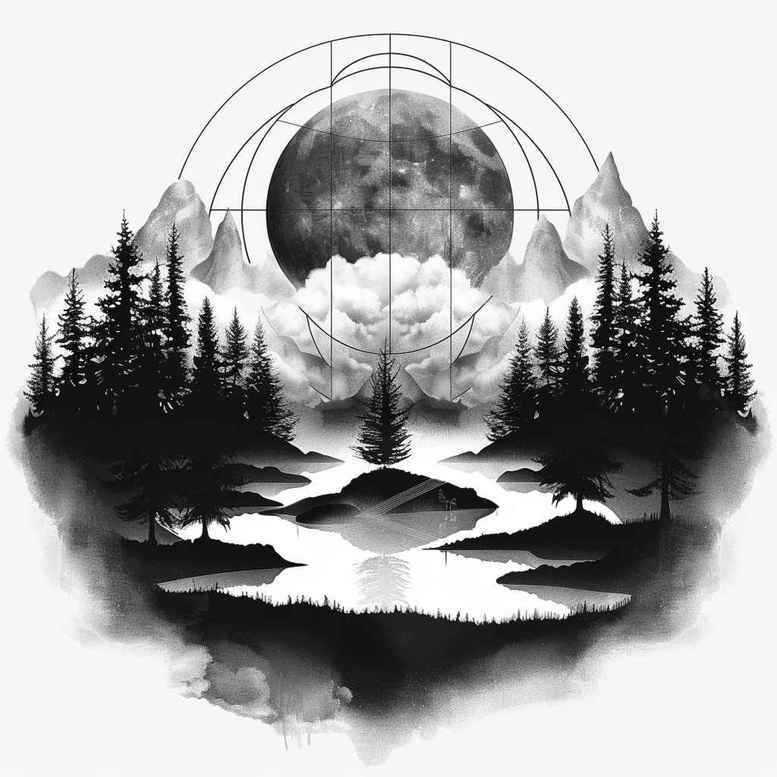 nature-and-geometry tattoo design ideas Surrealism phantasmagoria nested shapes symbolising determination