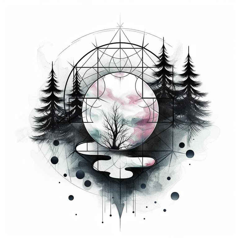 nature-and-geometry tattoo design ideas Surrealism psychological depth recursive form for neck