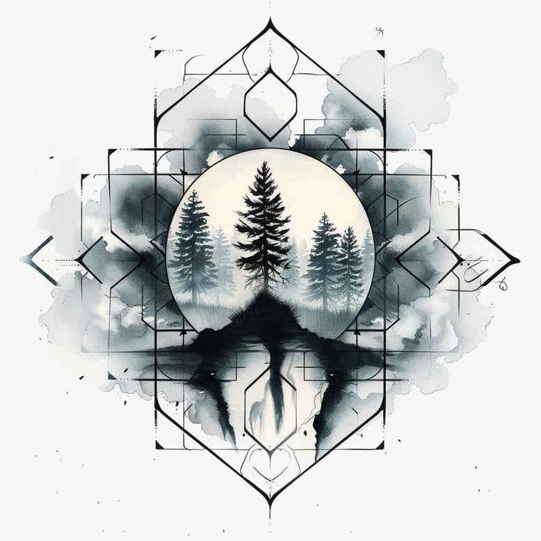 nature-and-geometry tattoo design ideas Surrealism enigmatic light structured form embodying resilience