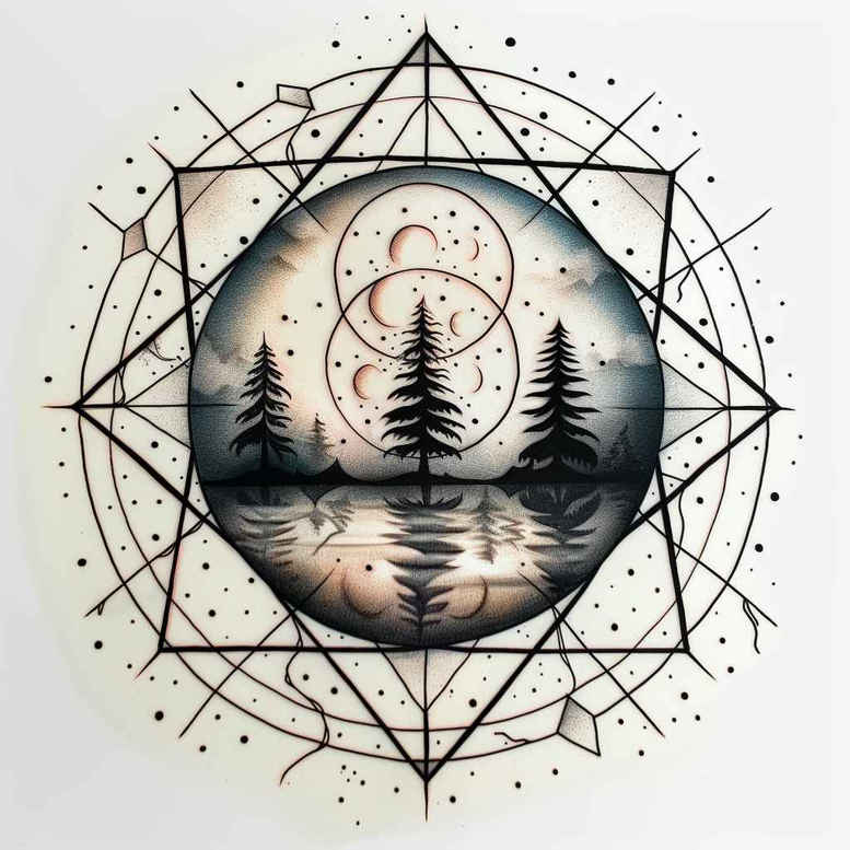 nature-and-geometry tattoo design ideas Surrealism floating elements structured form for upper shoulder