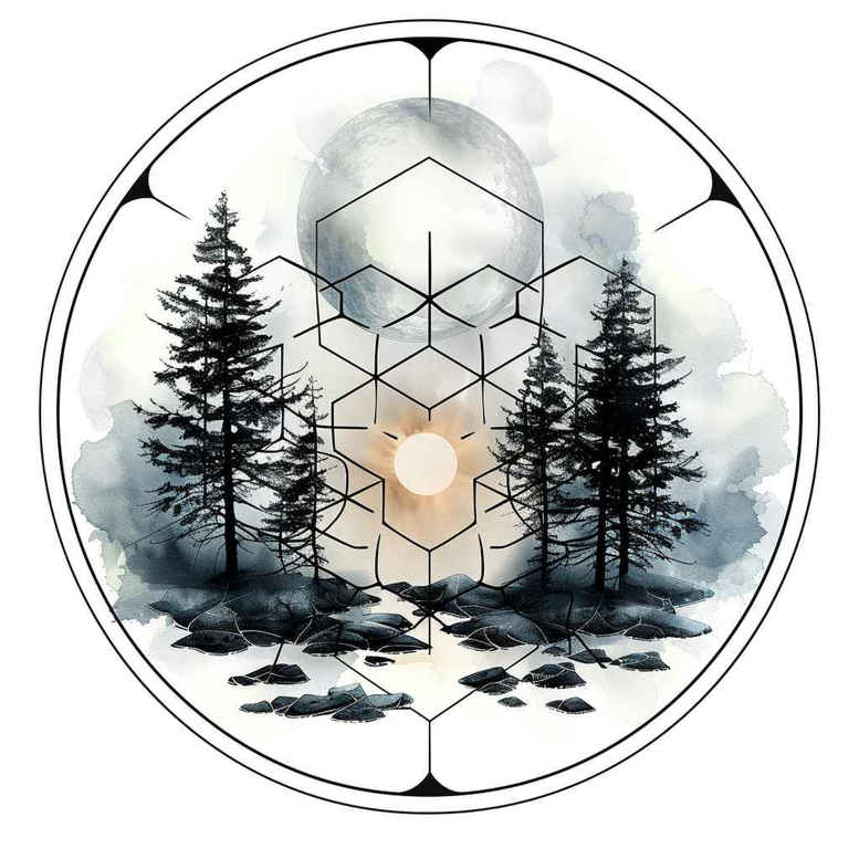 nature-and-geometry tattoo design ideas Surrealism psychedelic symmetric outline for knee