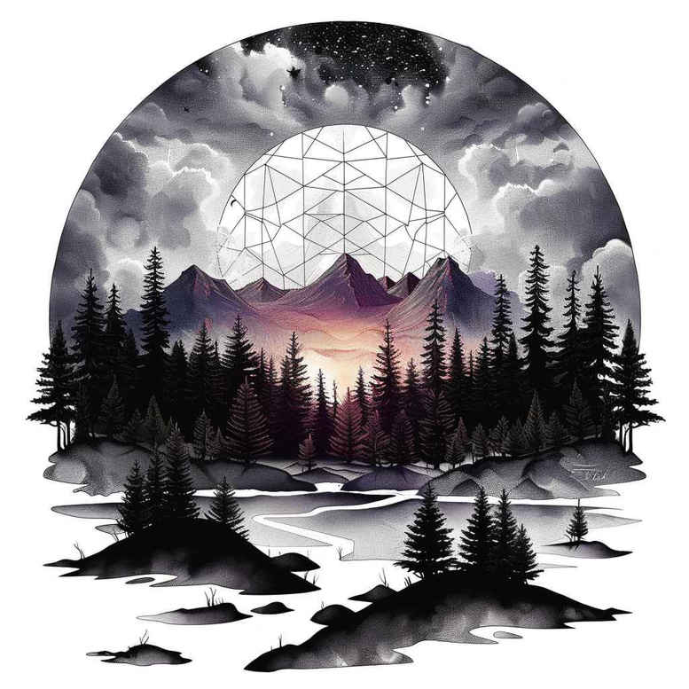 nature-and-geometry tattoo design ideas dynamic shapes symmetry axis for thigh