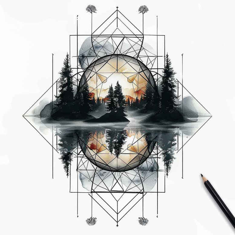 nature-and-geometry tattoo design ideas bold color blocks twin lines for hip