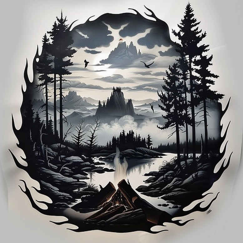 coniferous-tree-tattoo – tattoo design ideas free ai generated – surrealism-melting-forms – for-knee – Gallery: nature-inkby-ai