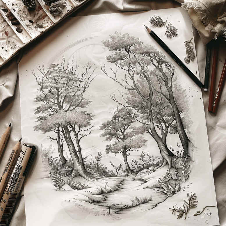 coniferous-tree-tattoo – tattoo design ideas free ai generated – surrealism-transcendent – for-shin – Gallery: nature-inkby-ai