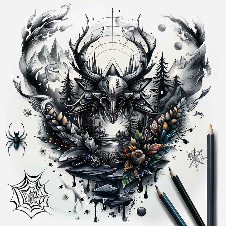 forest-path-tattoo – tattoo design ideas free ai generated – neotraditional-dynamic-composition – for-sternum – Gallery: nature-inkby-ai