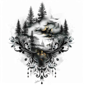 forest-path-tattoo – tattoo design ideas free ai generated – realism-form-fidelity – for-behind-ear – Gallery: nature-inkby-ai