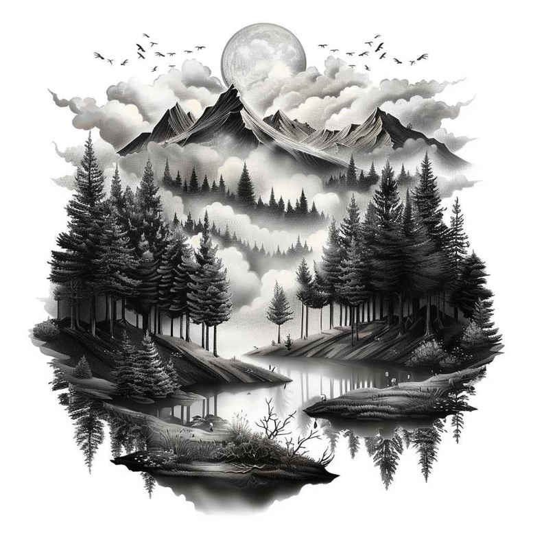 forest-path-tattoo – tattoo design ideas free ai generated – surrealism-phantasmagoria – for-hip – Gallery: nature-inkby-ai