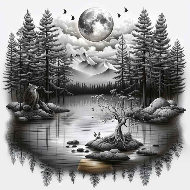 forest-tattoo – tattoo design ideas free ai generated – neotraditional-strong-outlines – for-back-of-neck – Gallery: nature-inkby-ai