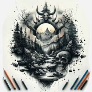 forest-tattoo – tattoo design ideas free ai generated – neotraditional-vibrant-palette – for-thigh – Gallery: nature-inkby-ai