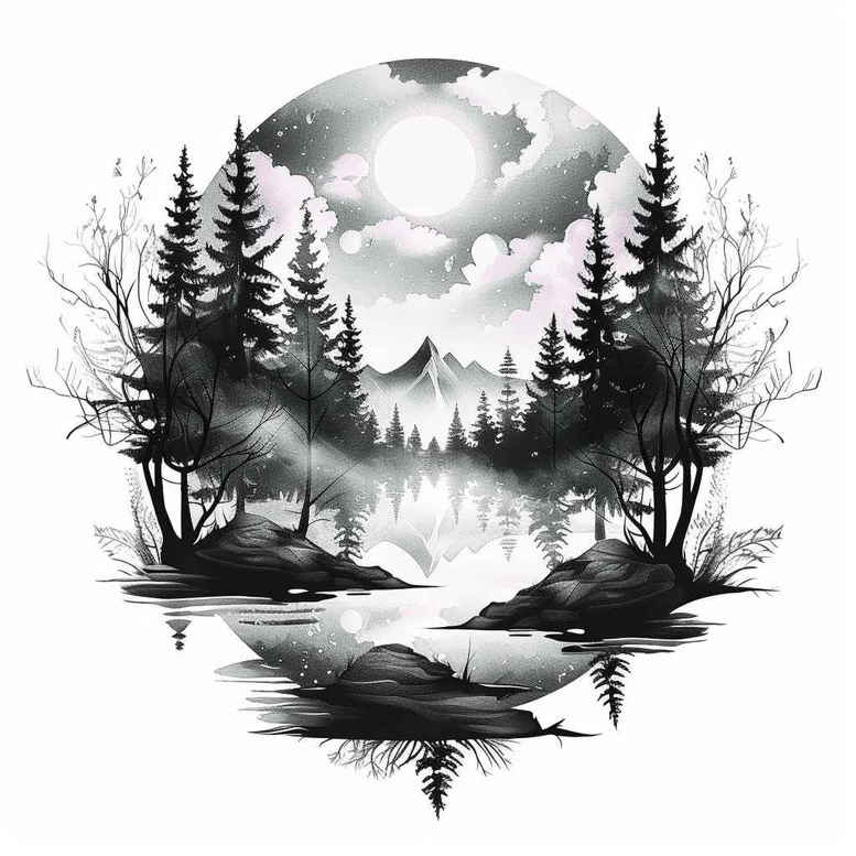 lake-tattoo – tattoo design ideas free ai generated – neotraditional-layered-inks – for-upper-back – Gallery: nature-inkby-ai