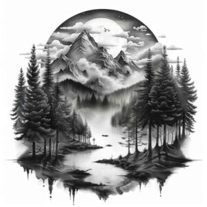 lake-tattoo – tattoo design ideas free ai generated – neotraditional-layered-shading – for-shoulder-blade – Gallery: nature-inkby-ai