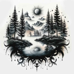 lake-tattoo – tattoo design ideas free ai generated – neotraditional-subtle-tone – for-scapula – Gallery: nature-inkby-ai