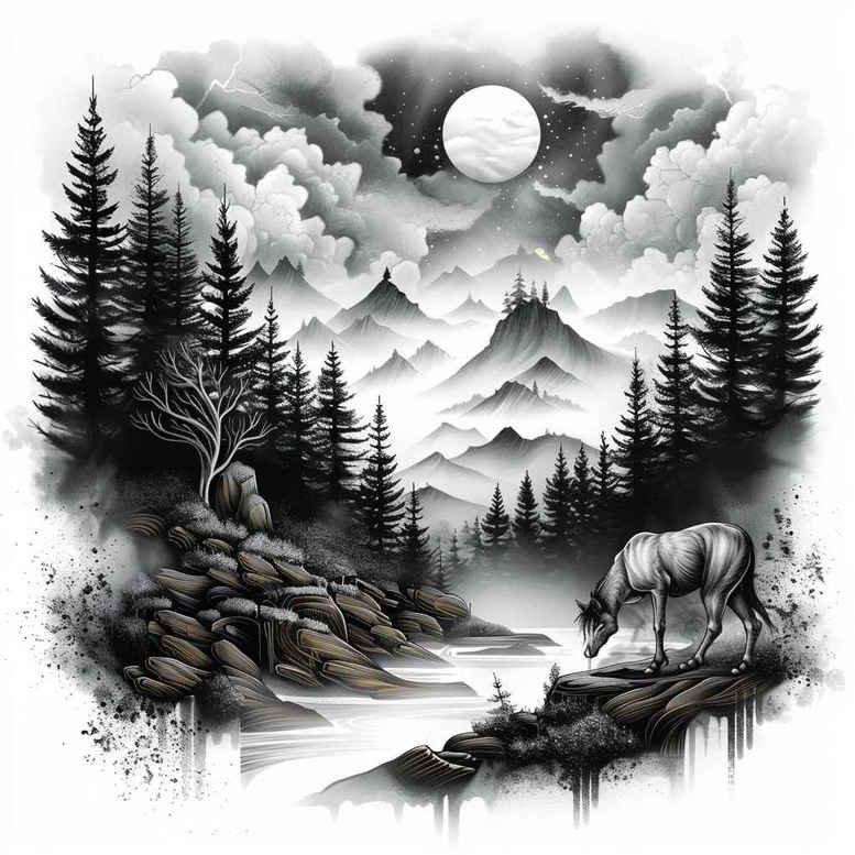 lake-tattoo – tattoo design ideas free ai generated – realism-micro-realism – for-lower-chest – Gallery: nature-inkby-ai