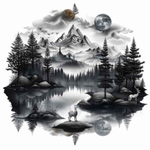 mountain-scenery-tattoo – tattoo design ideas free ai generated – realism-micro-realism – for-outer-arm – Gallery: nature-inkby-ai