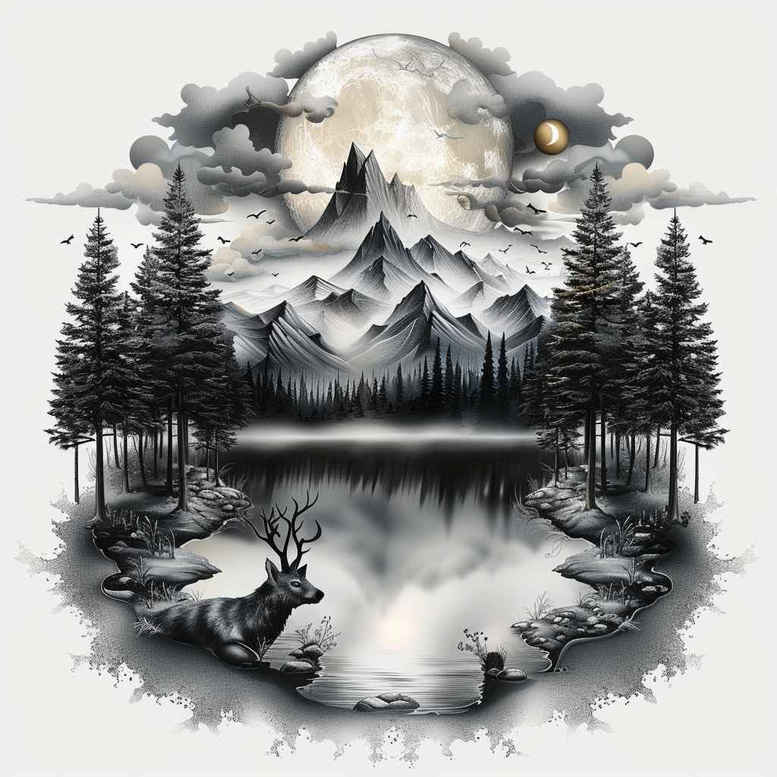 mountain-scenery-tattoo – tattoo design ideas free ai generated – surrealism-chromatic-aberration – for-arm – Gallery: nature-inkby-ai