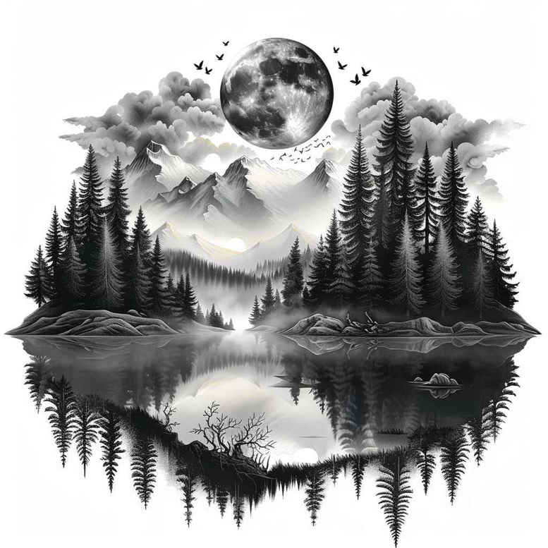 mountain-tattoo – tattoo design ideas free ai generated – realism-soft-focus – for-upper-back – Gallery: nature-inkby-ai