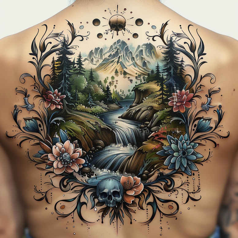 mountain-tattoo – tattoo design ideas free ai generated – surrealism-unreal-light – for-toe – Gallery: nature-inkby-ai