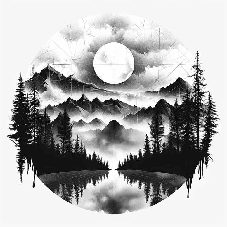 natural-landscape-tattoo – tattoo design ideas free ai generated – neotraditional-clean-fill – for-shin – Gallery: nature-inkby-ai